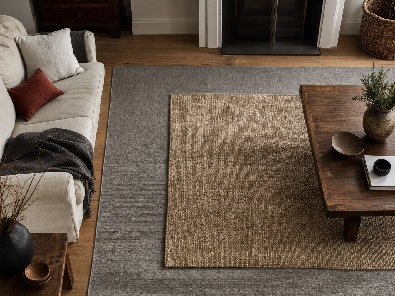 Layering Jute-Look Rug 90×150 in a warm home floor setting