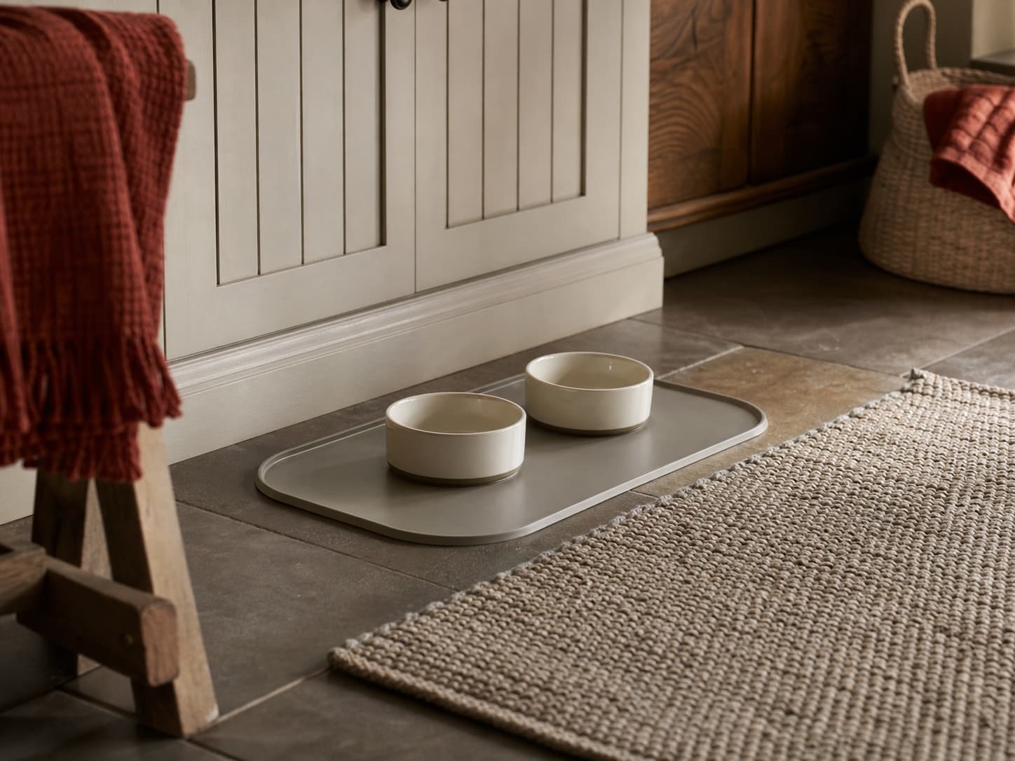 Pet Feeding Mat in a warm home floor setting